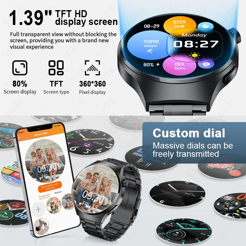 LIGE NFC Smart Watch Men HD Screen Temperature